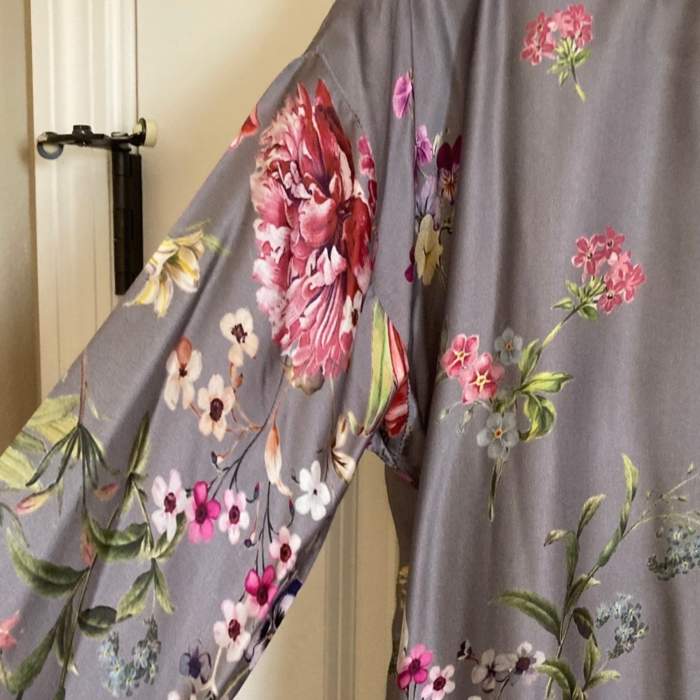 Lola Floral Satin Button-Front Blouse — Gray with Pink, Yellow & Green - Picture 2 of 9
